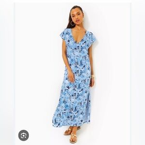 Lilly Pulitzer Talli Maxi Coverup in Bonaire Blue Coastal Constellation, Medium.